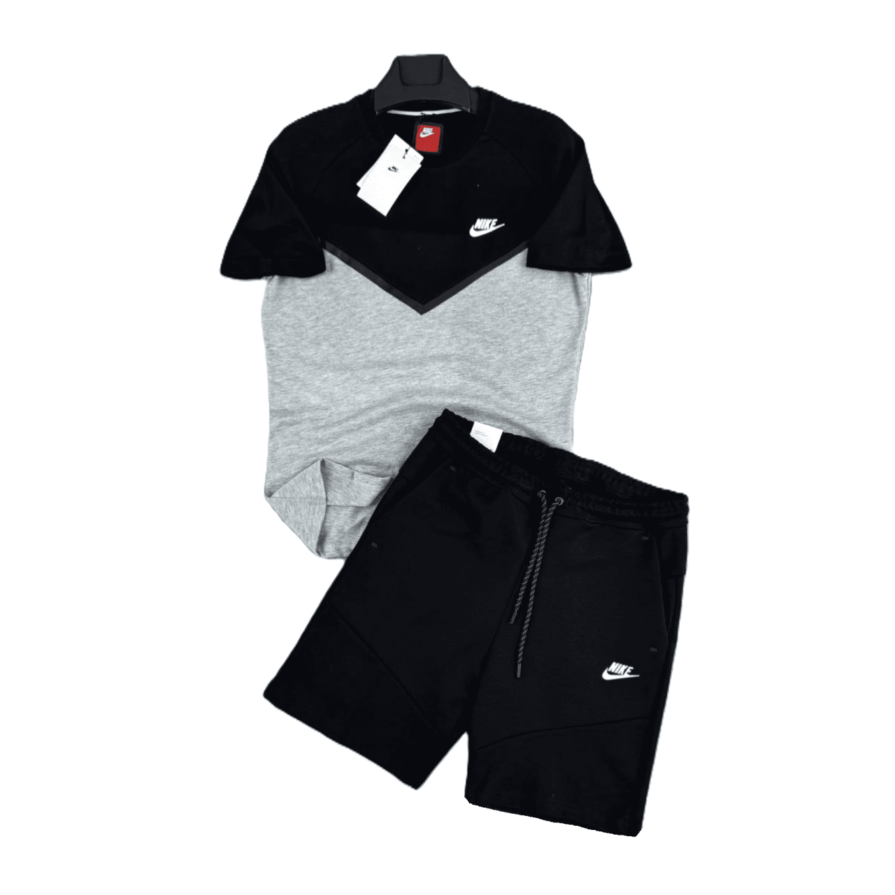 Мъжки спортен къс екип Nike Tech Fleece Shorts+T-shirt Black Light Grey