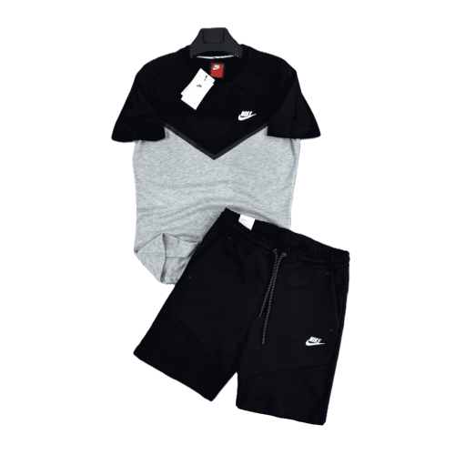Мъжки спортен къс екип Nike Tech Fleece Shorts+T-shirt Black Light Grey