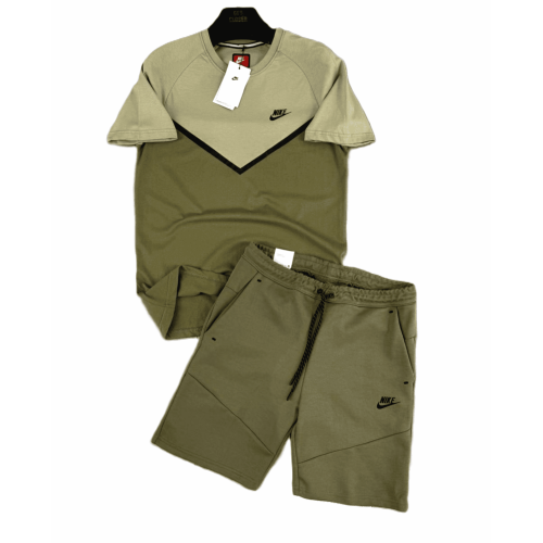 Мъжки спортен къс екип Nike Tech Fleece Shorts+T-shirt Army Green