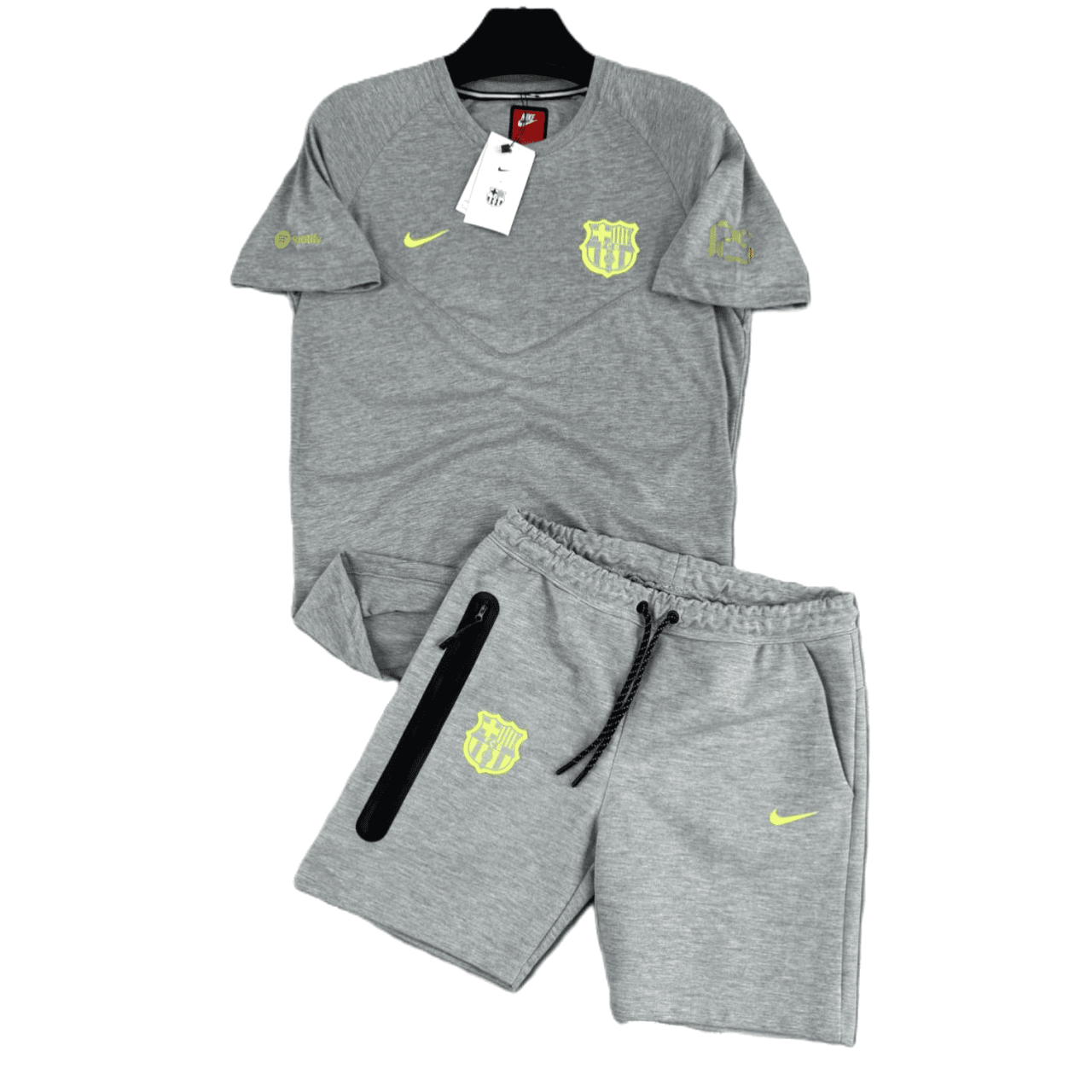 Мъжки спортен къс екип Nike Tech Fleece BARCELONA Shorts+T-shirt Light Grey